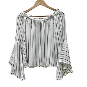 Striped Off Shoulder Blouse Bell Sleeve‎ Top White Black